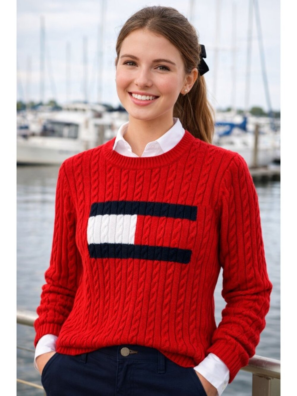 Womens Tommy Hilfiger Red Cable Knit Sweater M Crew Flag Cotton Long Sleeve - Picture 1 of 8